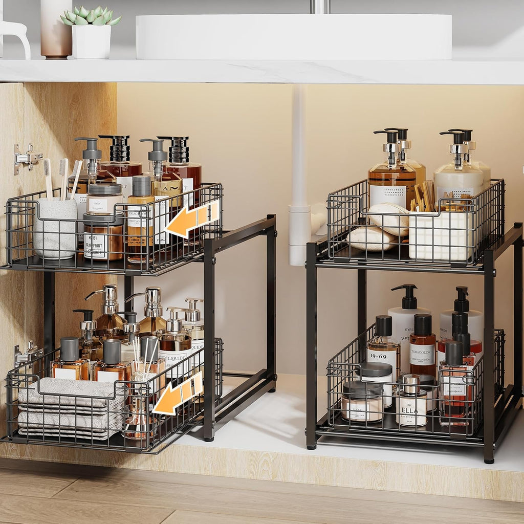 Under Sink Organizer, 2-Tier Pull Out Cabinet Organizer, Kitchen Bathroom Organizer and Storage, Spice Rack for Kitchen, Multi-Use Sliding Drawers Shelves (1, Black)