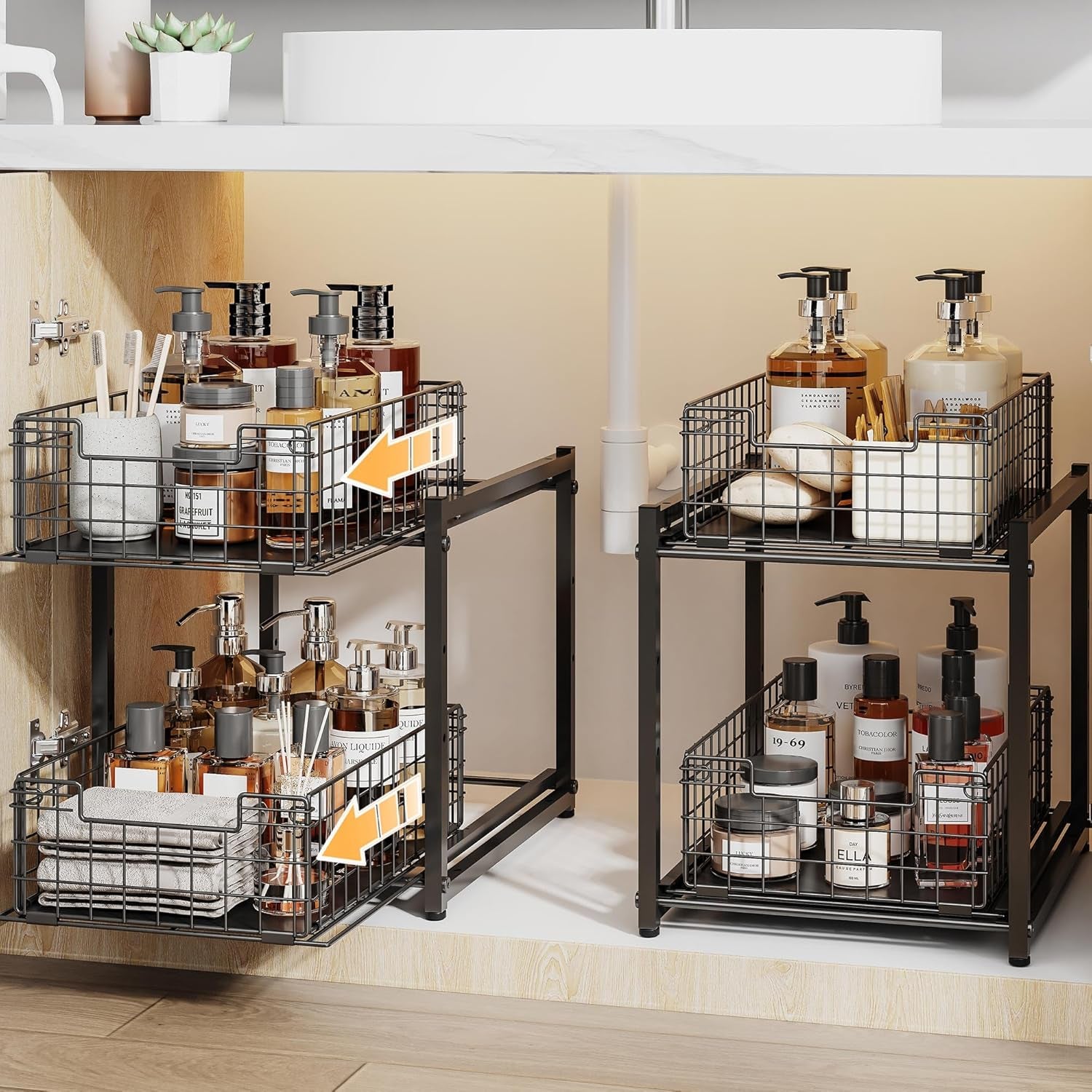 Under Sink Organizer, 2-Tier Pull Out Cabinet Organizer, Kitchen Bathroom Organizer and Storage, Spice Rack for Kitchen, Multi-Use Sliding Drawers Shelves (1, Black)