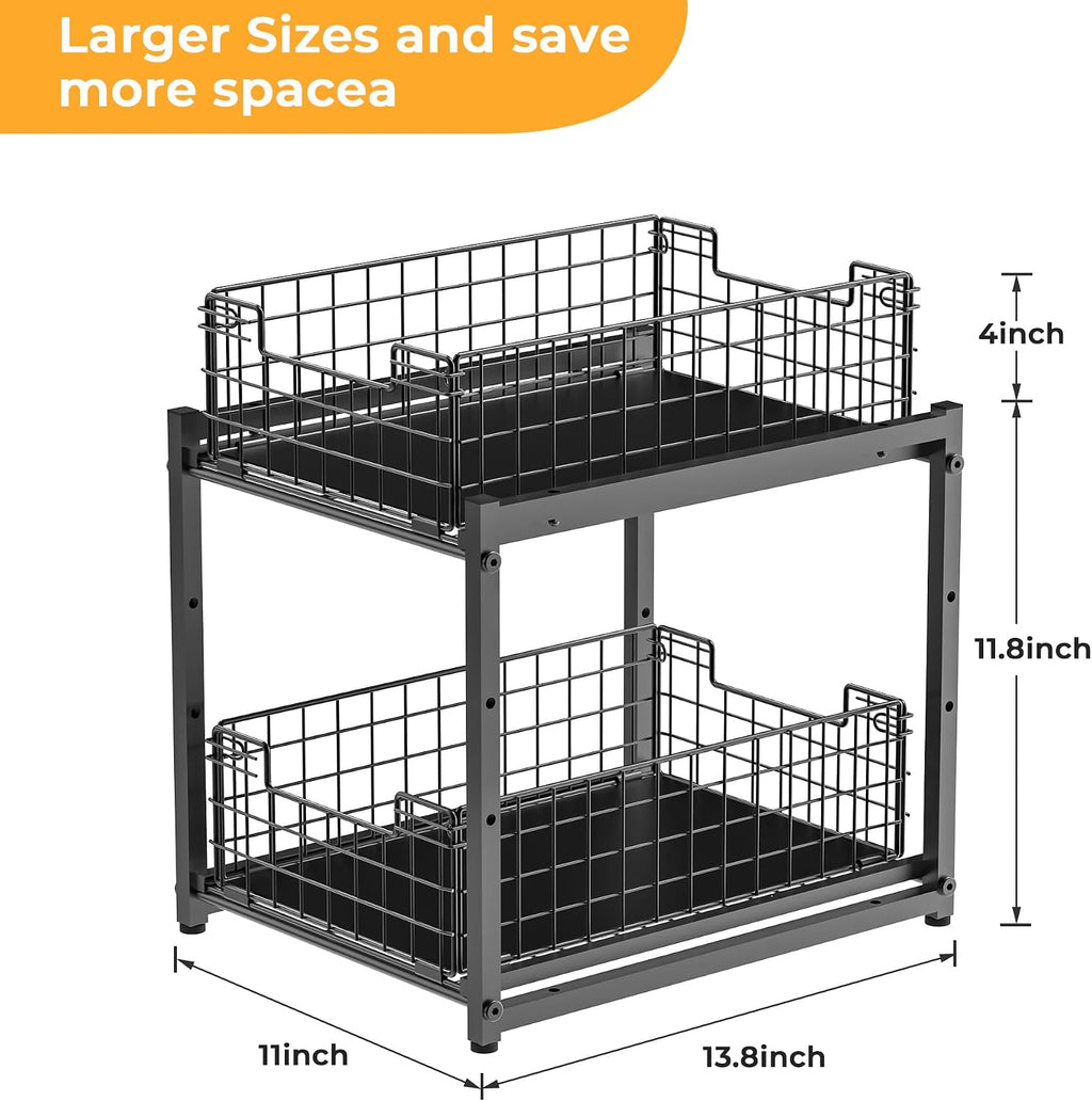 Under Sink Organizer, 2-Tier Pull Out Cabinet Organizer, Kitchen Bathroom Organizer and Storage, Spice Rack for Kitchen, Multi-Use Sliding Drawers Shelves (1, Black)